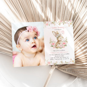 Bunny, Butterfly, Pink Flowers, First Birthday Invitation