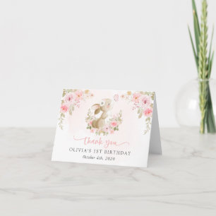 Bunny, Butterfly, Pink Flowers, First Birthday Letterpress Thank You Card