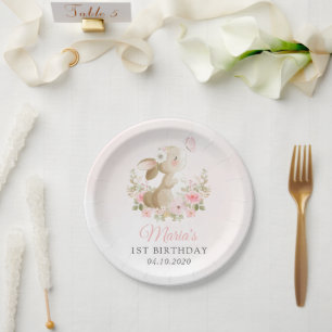 Bunny, Butterfly, Pink Flowers, First Birthday Paper Plates