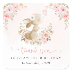 Bunny, Butterfly, Pink Flowers, First Birthday Square Sticker