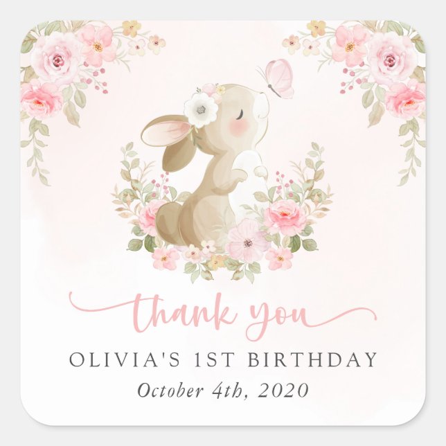 Bunny, Butterfly, Pink Flowers, First Birthday Square Sticker (Front)