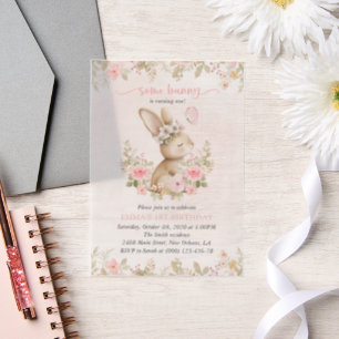 Bunny, Butterfly, Pink Flowers, First Birthday Vellum Invitations
