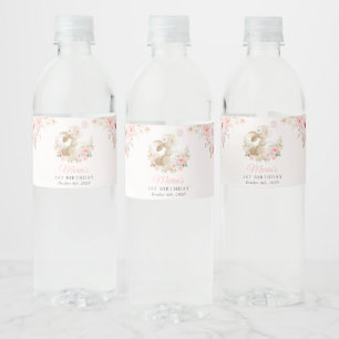 Bunny, Butterfly, Pink Flowers, First Birthday Water Bottle Label