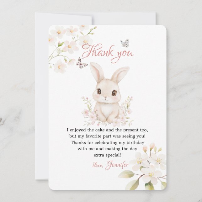 Bunny Butterfly Pink Petals Stationery Thank You Card (Front)