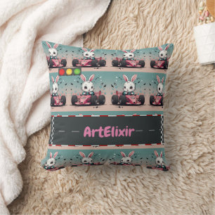 Bunny Car Racer Throw Pillow