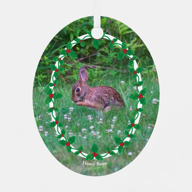 Bunny & Cardinal or Your Photo with Holly Border  Metal Ornament (Back)
