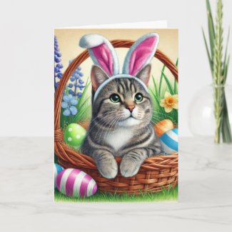 Bunny Cat Kids Easter Holiday Greeting Card