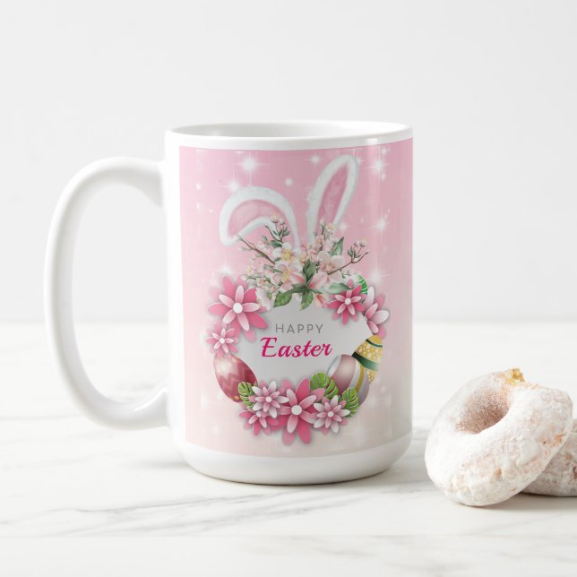 Bunny Celebrates Easter Day Coffee Mug (With Donut)