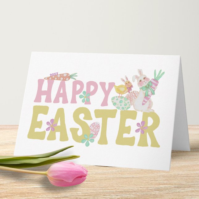 Bunny Chick Easter Personalized Cute Spring Colors Card (Creator Uploaded)
