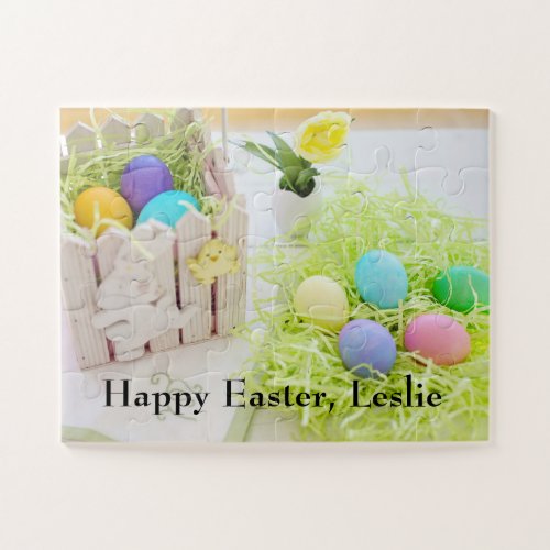 Bunny  chick figures on basket with Easter eggs Jigsaw Puzzle