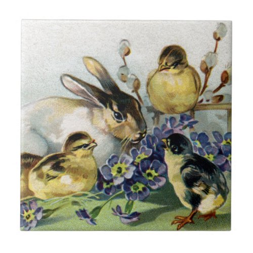 Bunny Chicks and Primroses Vintage Easter Tile