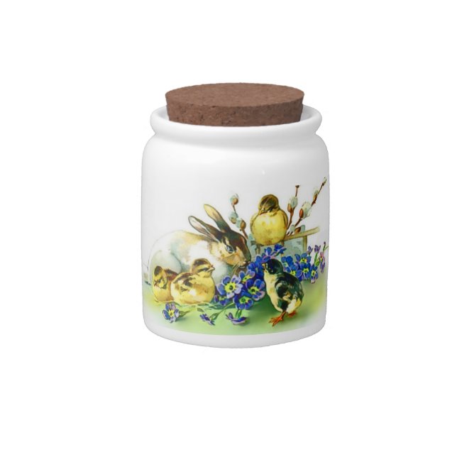 Bunny & Chicks Vintage Style Easter Candy Jar (Front)