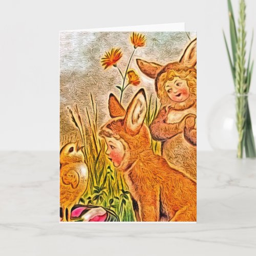 Bunny Children and Chick Happy Easter Holiday Card