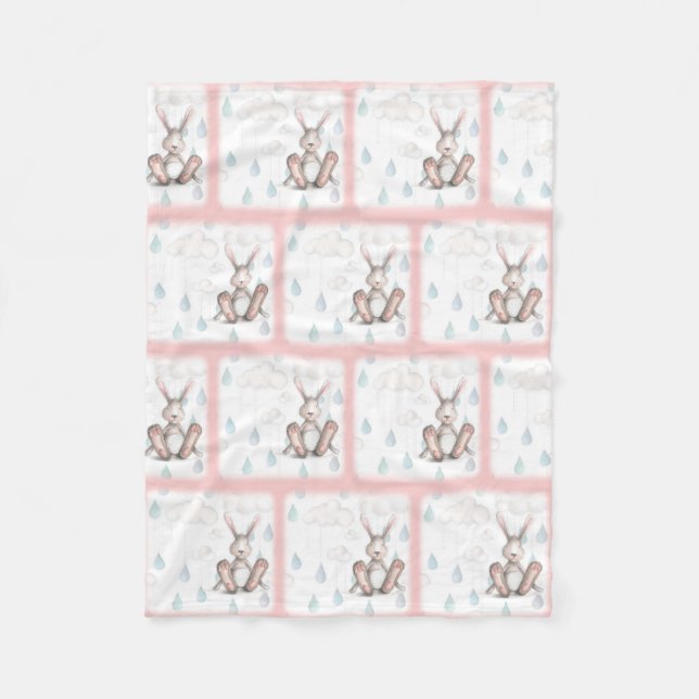 Bunny Clouds & Raindrops -Pink Fleece Blanket (Front)