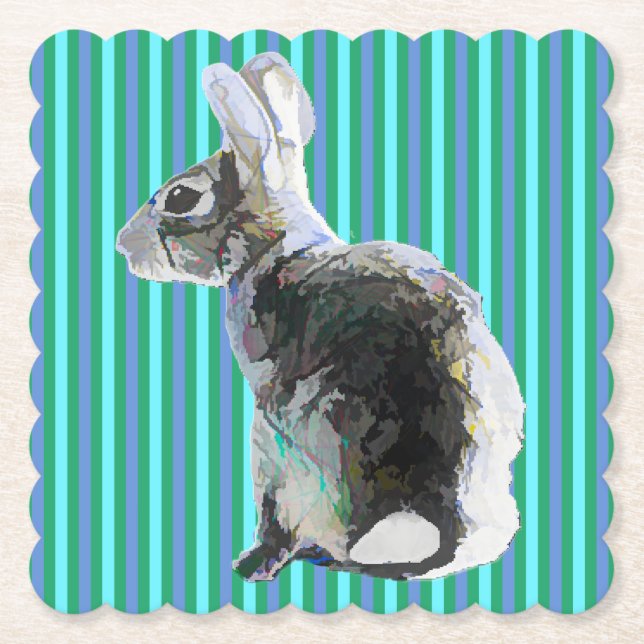Bunny Coaster with Striped Background Blue (Front)