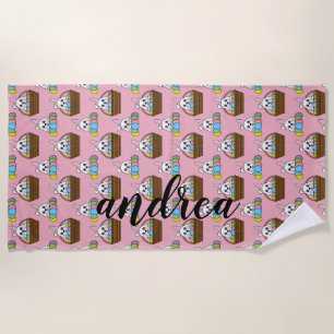 Bunny Colorful Easter EggHunt Basket Personalize Beach Towel