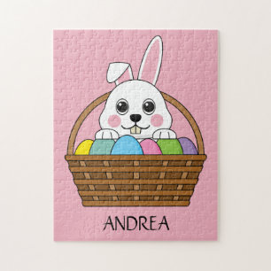 Bunny Colorful Easter EggHunt Basket Personalize Jigsaw Puzzle
