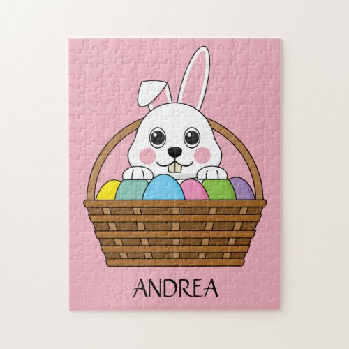 Bunny Colorful Easter EggHunt Basket  Personalize Jigsaw Puzzle