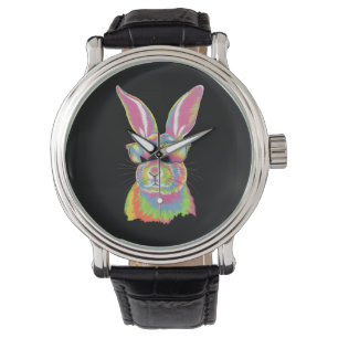 Bunny Cute Face Rabbit Glasses Easter Tie Dye Watch