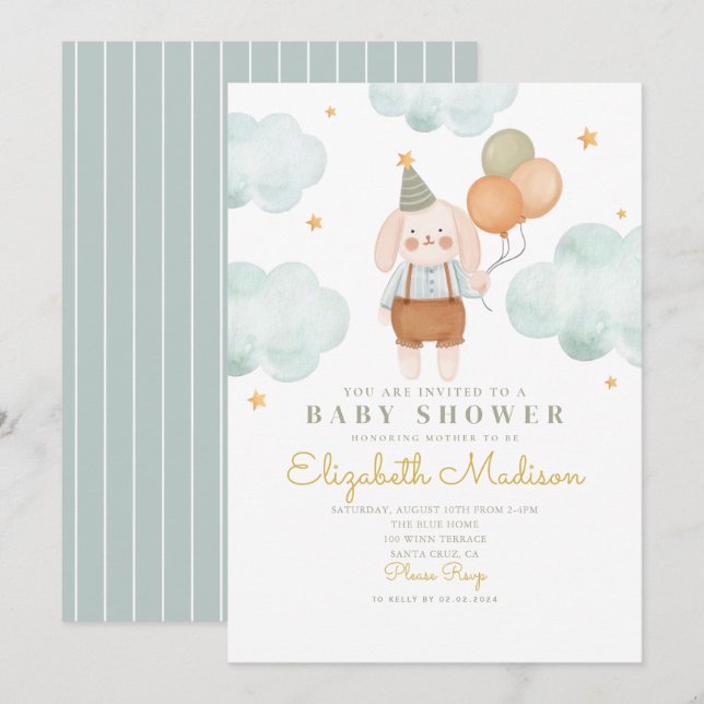 Bunny Cute Pink & Baloons Cloud Baby Shower  Invitation (Front/Back)
