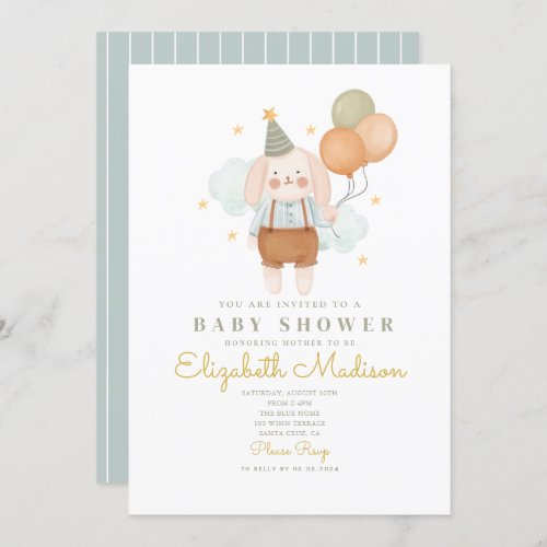 Bunny Cute Pink  Baloons Cloud Baby Shower Invitation