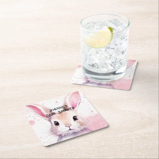 Bunny Cute Watercolor Pink baby shower Square Paper Coaster