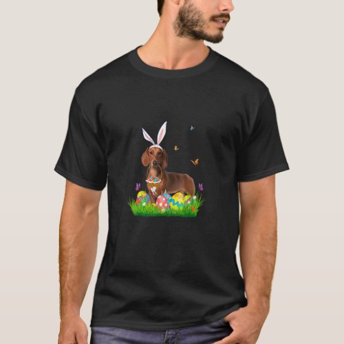 Bunny Dachshund With Egg Basket Easter Hunting Egg T_Shirt