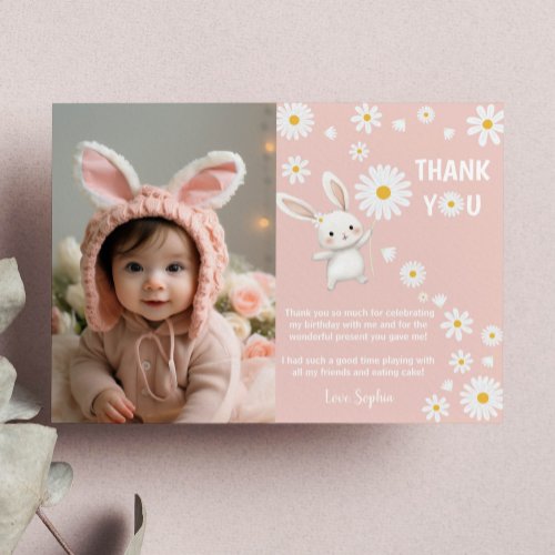 Bunny Daisy 1st Birthday Photo Thank You Card