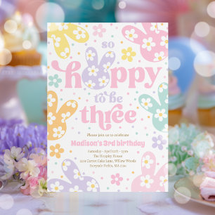 Bunny Daisy Floral Pastel Spring 3rd Birthday Invitation