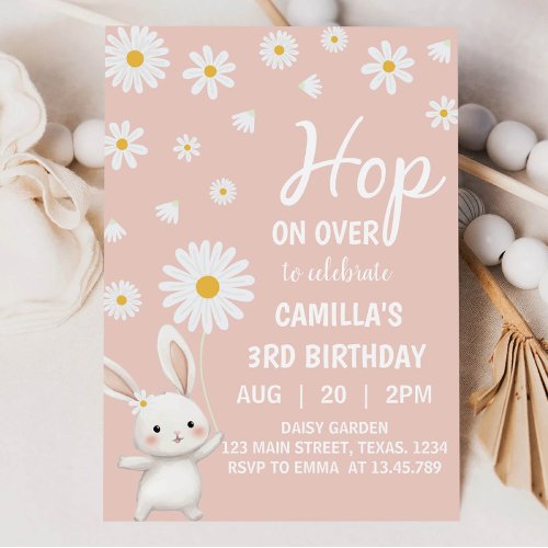 Bunny Daisy Pink Girl Birthday Party Invitation