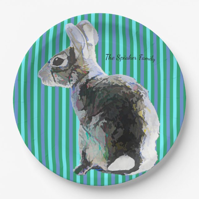 Bunny Design Paper Plate Blue Stripes (Front)