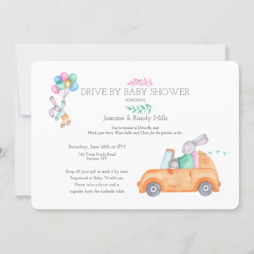 Bunny Drive By Baby Shower Invitation