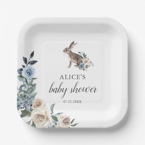 Bunny Dusty Blue Beige Flowers Baby Shower Paper Plates