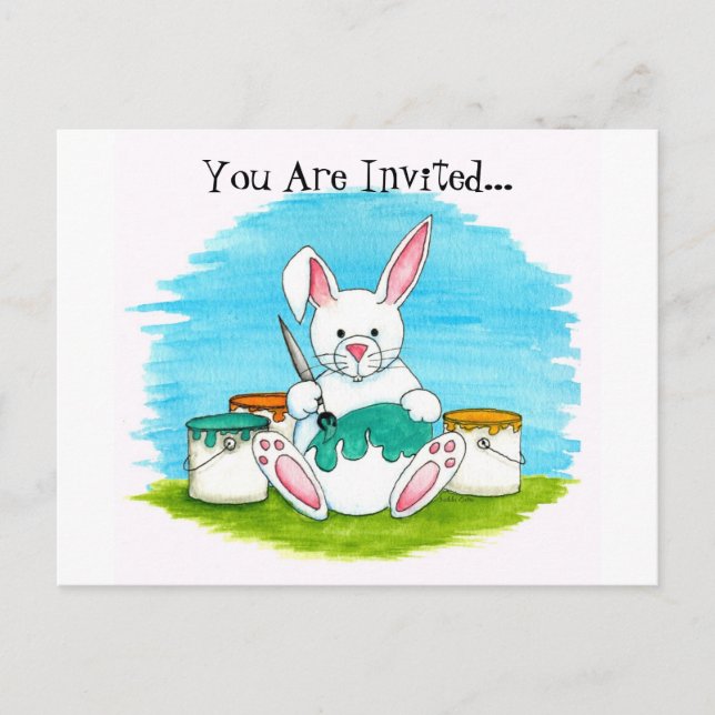 Bunny Dying Easter Eggs Invitation Postcard (Front)