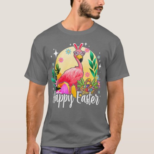 Bunny Ear Flamingo with Easter Egg Basket Happy Ea T_Shirt