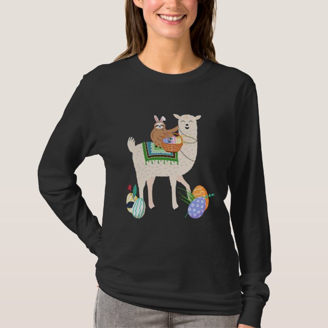 Bunny Eared Sloth Riding Llama Funny T-Shirt (Front)
