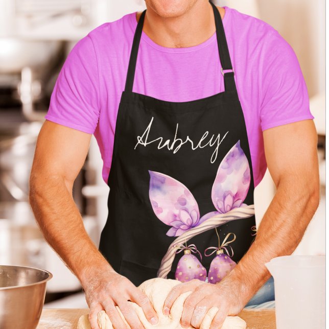 Bunny Ears and Eggs on a Blue Easter Basket Apron (Customize this pink bunny ear and easter egg basket chef apron for the Easter holidays.)