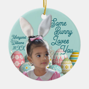 Bunny Ears Girl Photo Customize Blue Ceramic Ornament