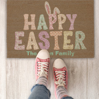 Bunny Ears Happy Easter Family Name Cute Welcome Fiber Doormat
