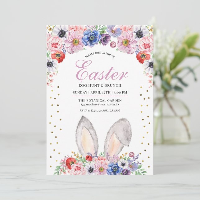 Bunny Ears Spring Flowers Easter Egg Hunt Invitation (Standing Front)