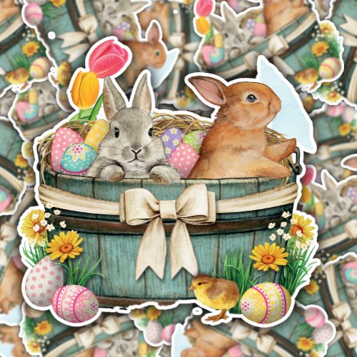 Bunny Easter Flower Basket  Die_Cut Sticker