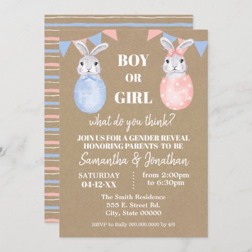 Bunny Easter Gender Reveal Boy or Girl Baby Shower Invitation