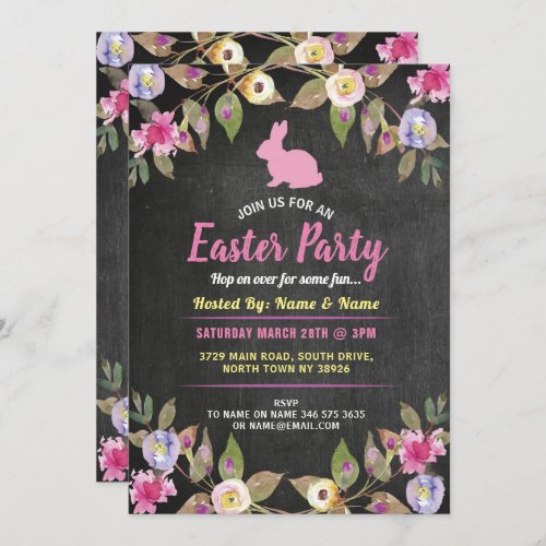 Bunny Easter Party Flower Chalk Pink Invite