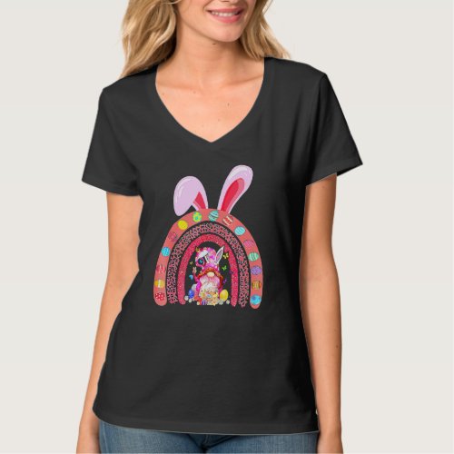 Bunny Eggs Hunting Gnomes Easter Day Leopard Rainb T_Shirt