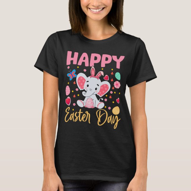 Bunny Elephant Colorful Eggs Hunting Happy Easter  T-Shirt (Front)