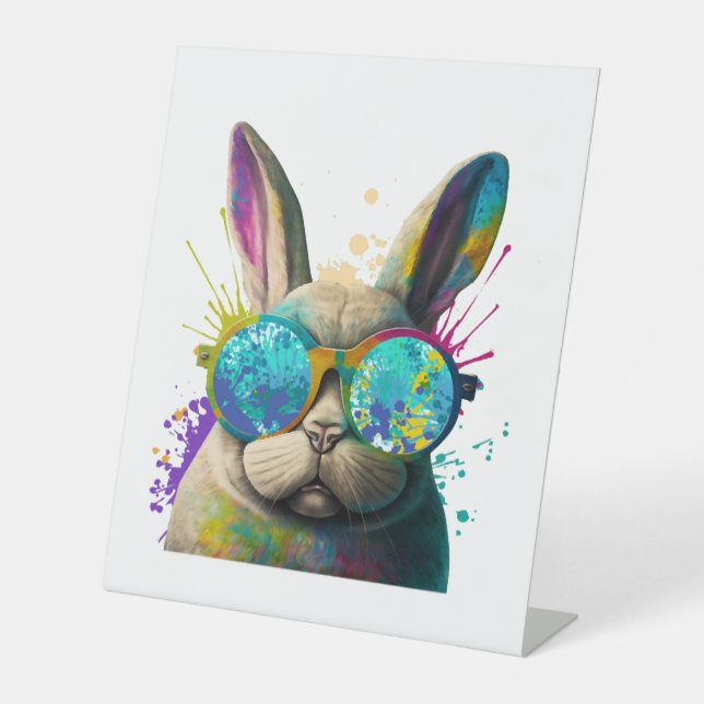 Bunny face Cool Easter Bunny with Glasses          Pedestal Sign (Front)