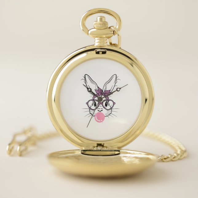 Bunny Face Leopard Glasses Bubble Gum Easter Day G Pocket Watch (Inside)