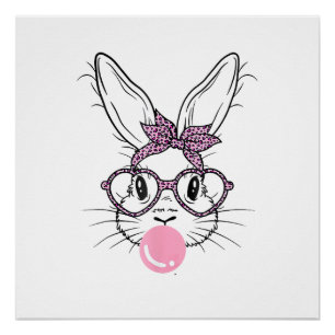 Bunny Face Leopard Glasses Bubble Gum Easter Day G Poster