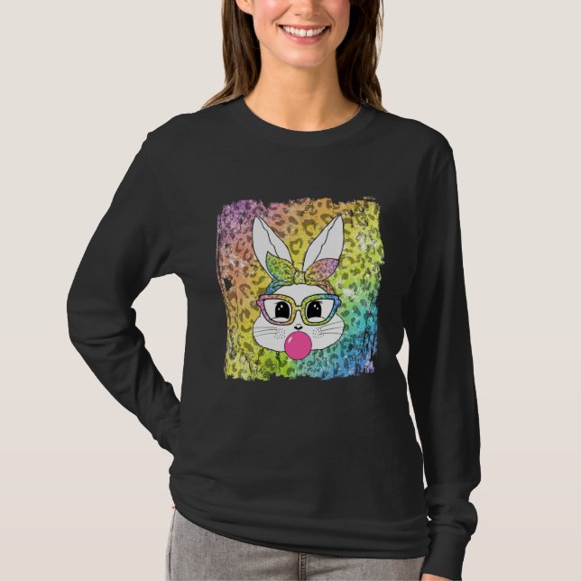 Bunny Face Leopard Glasses Bubble Gum Easter Day G T-Shirt (Front)