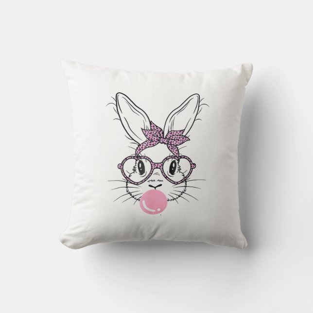 Bunny Face Leopard Glasses Bubble Gum Easter Day G Throw Pillow (Front)